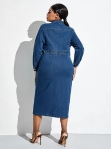 SHEIN SXY Plus Flap Pocket Button Up Denim Dress Without Belt - Dark Wash - View 2