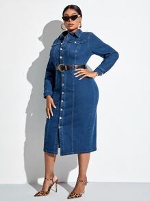 SHEIN SXY Plus Flap Pocket Button Up Denim Dress Without Belt - Dark Wash - View 3