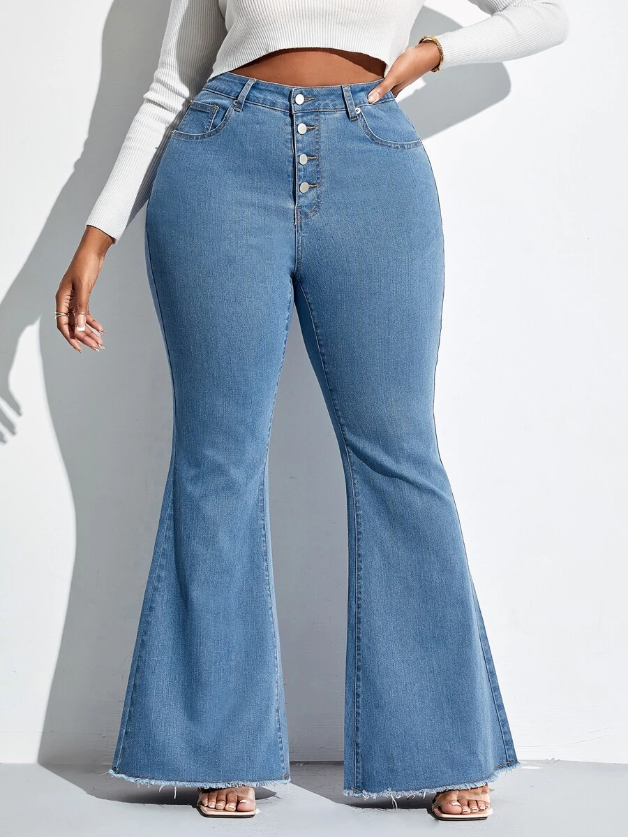 SHEIN SXY Jeans de pierna amplia con botón bajo crudo - Lavado ligero - Ver 1