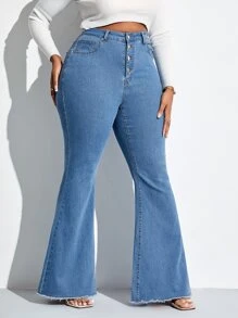 SHEIN SXY Jeans de pierna amplia con botón bajo crudo - Lavado ligero - Ver 4