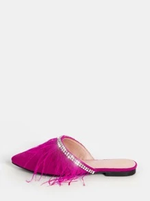 Rhinestone Decor Contrast Fluffy Faux Suede Flat Mules - Hot Pink - View 2