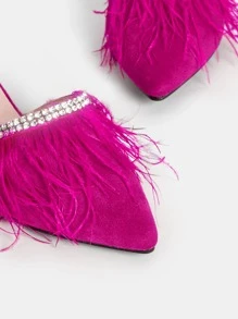 Rhinestone Decor Contrast Fluffy Faux Suede Flat Mules - Hot Pink - View 3