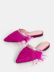 Rhinestone Decor Contrast Fluffy Faux Suede Flat Mules - Hot Pink - View 5