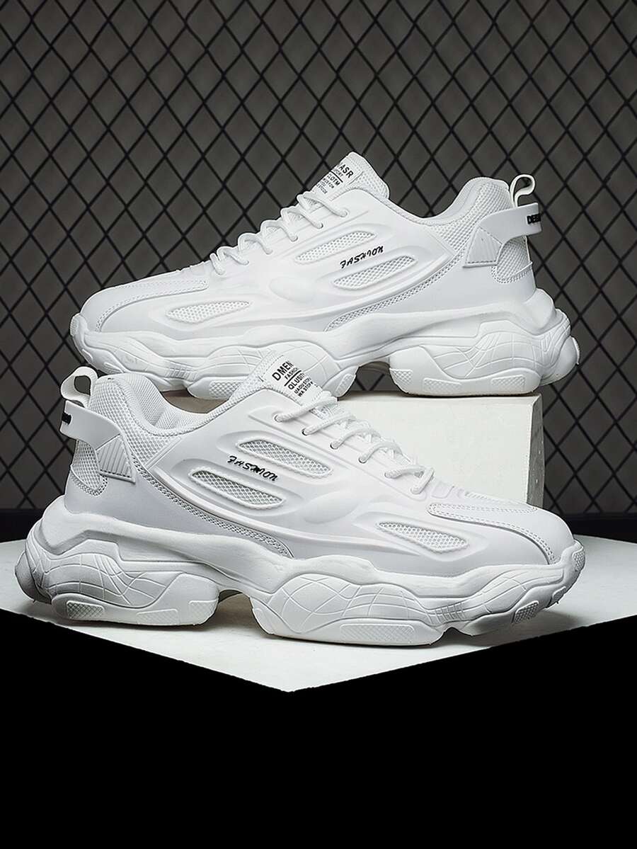 Men Letter Patch Decor Lace-up Front Chunky Sneakers - White - View 1