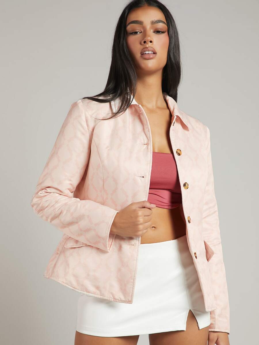 SHEIN BAE Flap Detail Button Front Padded Coat - Baby Pink - View 1