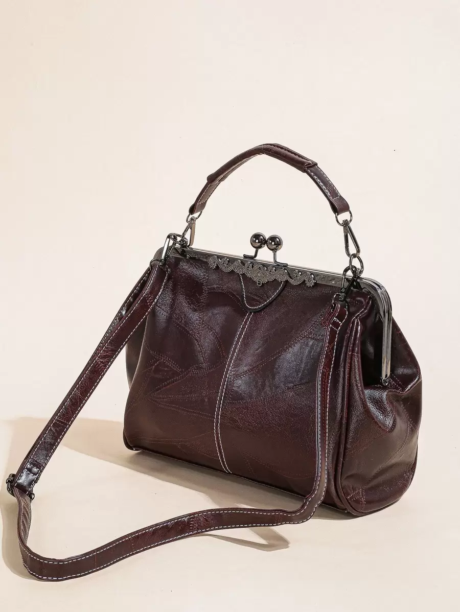 女士软皮大容量吻锁便携单肩斜挎包女士手提包手机包手拿包钱包派对晚宴包西班牙包休闲百搭款生日礼物可拆卸肩带便宜，复古风包包 - 咖啡棕 - 查看 1