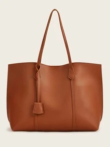 荔枝紋單肩托特包帶錢包托特包、單肩包、手提包、斜挎包、斜挎包復古、簡約、經典皮革大包女式、女士、情侶旅行、工作和辦公室、週末和假期 - 棕色 - 查看 4