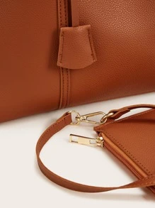 荔枝紋單肩托特包帶錢包托特包、單肩包、手提包、斜挎包、斜挎包復古、簡約、經典皮革大包女式、女士、情侶旅行、工作和辦公室、週末和假期 - 棕色 - 查看 5