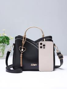 Túi đeo chéo phối màu tương phản, trang trí tua rua kim loại, ví nữ có quai xách phía trên (9.1 x 7.5 x 4.5 inch), quà tặng Ngày của Mẹ. - màu đen - Xem 5