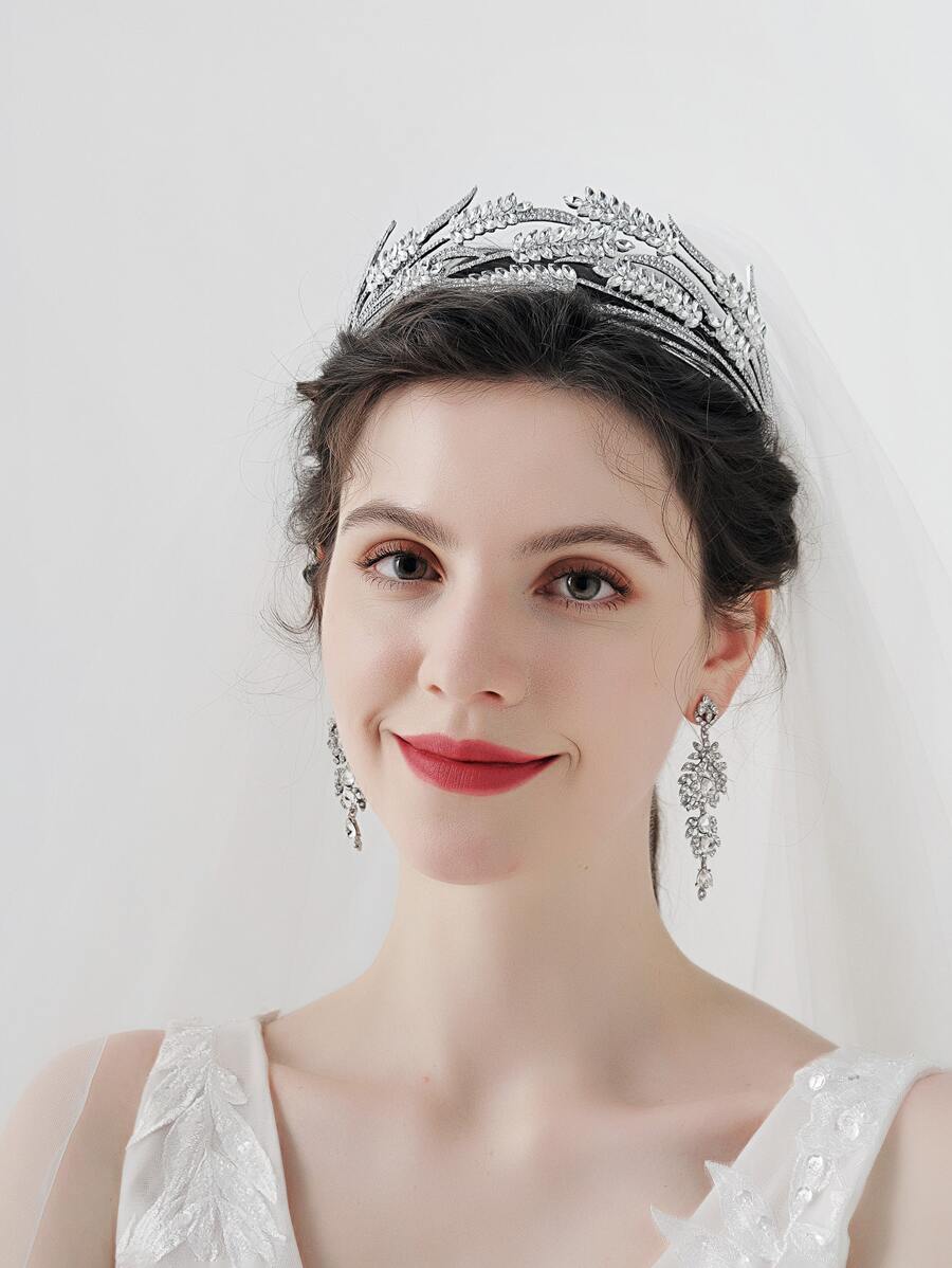 Rhinestone Decor Bridal Headband & Drop Earrings - Silver - View 1