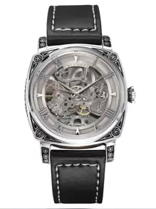 Kuerst 官方正品男士皮錶帶全自動機械手錶，羅馬數字，鋼釘，鏤空和 3d 花朵設計，防水，千年復古風格 - 黑色 - 查看 1