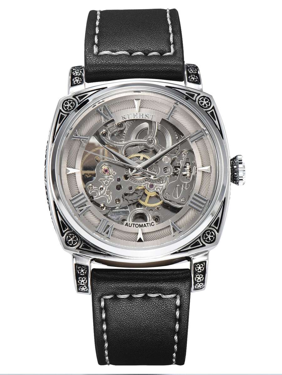 Kuerst 官方正品男士皮錶帶全自動機械手錶，羅馬數字，鋼釘，鏤空和 3d 花朵設計，防水，千年復古風格 - 黑色 - 查看 1