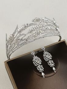Rhinestone Decor Bridal Headband & Drop Earrings - Silver - View 3