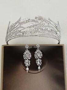 Rhinestone Decor Bridal Headband & Drop Earrings - Silver - View 4
