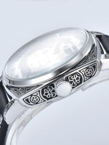 Kuerst 官方正品男士皮錶帶全自動機械手錶，羅馬數字，鋼釘，鏤空和 3d 花朵設計，防水，千年復古風格 - 黑色 - 查看 3