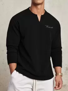 Manfinity Homme Loose Fit Men's Letter Graphic Notched Neck T-Shirt - Black - View 1