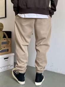 Manfinity 寬鬆男士字母圖案抽繩腰運動褲 - 卡其色 - 查看 2