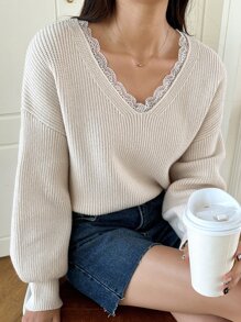 DAZY Jersey con encaje en contraste de hombros caídos - Beis - Ver 1