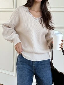 DAZY Jersey con encaje en contraste de hombros caídos - Beis - Ver 4