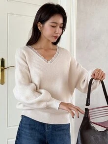 DAZY Jersey con encaje en contraste de hombros caídos - Beis - Ver 7