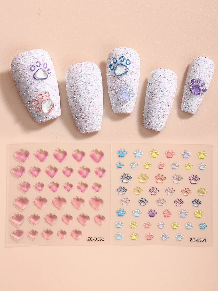 Beauty Sticker 2sheets Heart & Claw Pattern Nail Art Sticker - Multicolor - View 1