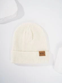 1pc Unisex Warm Knitted Beanie Hat With Letter Embroidery And Suede Label For Cycling And Winter Outdoor Activities - White - View 3