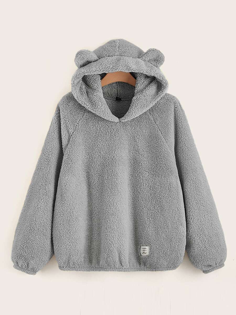 SHEIN EZwear Plus 3D Ears Design Raglan Sleeve Teddy Hoodie - Grey - View 1