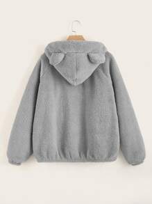 SHEIN EZwear Plus 3D Ears Design Raglan Sleeve Teddy Hoodie - Grey - View 2