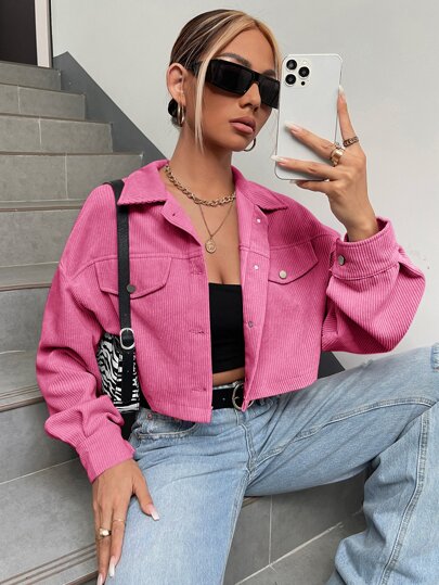 SHEIN EZwear Drop Shoulder Flap Detail Crop Corduroy Jacket In Fall/Winter