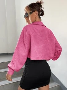 SHEIN EZwear 秋冬落肩翻领短款灯芯绒夹克 - 玫紅色 - 查看 2