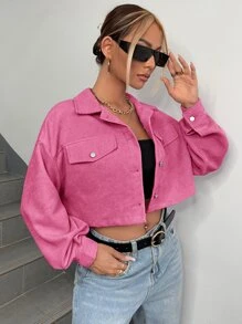 SHEIN EZwear 秋冬落肩翻领短款灯芯绒夹克 - 玫紅色 - 查看 4
