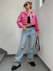 SHEIN EZwear 秋冬落肩翻领短款灯芯绒夹克 - 玫紅色 - 查看 5