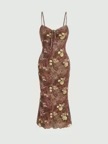 SHEIN MOD Floral & Paisley Print Tie Front Ruched Bust Lettuce Trim Cami Dress - Multicolor - View 2