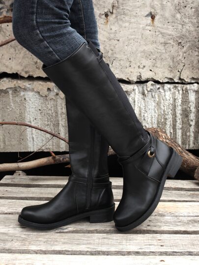 Plus Size Vintage Style Round Toe Thick Heel Side Zipper Buckle Strap Knee-High Boots