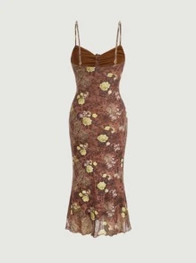 SHEIN MOD Floral & Paisley Print Tie Front Ruched Bust Lettuce Trim Cami Dress - Multicolor - View 5
