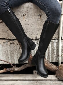 Plus Size Phong Cách Vintage Mũi Tròn Dày Gót Dây Kéo Bên Hông Dây Đeo Giày Bốt Cao Đến Đầu Gối - màu đen - Xem 5