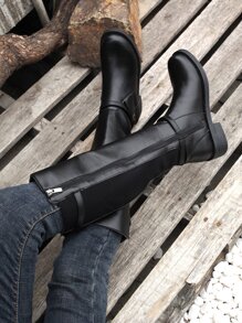 Plus Size Phong Cách Vintage Mũi Tròn Dày Gót Dây Kéo Bên Hông Dây Đeo Giày Bốt Cao Đến Đầu Gối - màu đen - Xem 7