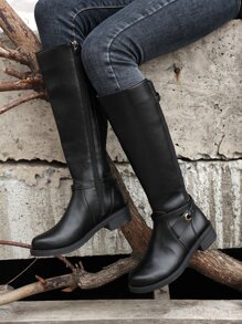 Plus Size Phong Cách Vintage Mũi Tròn Dày Gót Dây Kéo Bên Hông Dây Đeo Giày Bốt Cao Đến Đầu Gối - màu đen - Xem 9