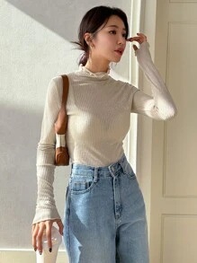 DAZY 冬季立领生菜边 T 恤 - 米色 - 查看 8