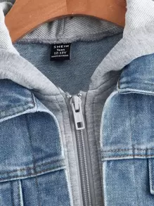 SHEIN Teen Girls Ripped Flap Pocket 2 In 1 Hooded Denim Jacket