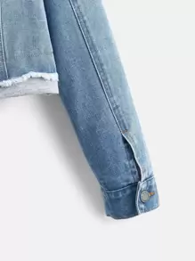 SHEIN Teen Girls Ripped Flap Pocket 2 In 1 Hooded Denim Jacket