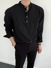 DAZY Men Cotton Half Button Shirt - Black - View 2
