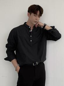 DAZY Men Cotton Half Button Shirt - Black - View 4