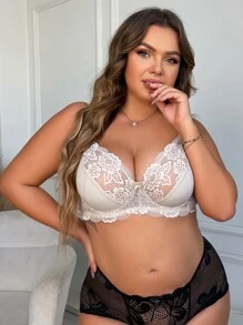 Plus Floral Lace Underwire Bra - Beige - View 5