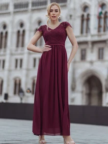 MIUSOL Lace Bodice Chiffon Prom Dress - Burgundy - View 4