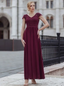 MIUSOL Lace Bodice Chiffon Prom Dress - Burgundy - View 2