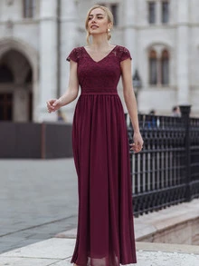 MIUSOL Lace Bodice Chiffon Prom Dress - Burgundy - View 7