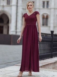 MIUSOL Lace Bodice Chiffon Prom Dress - Burgundy - View 5
