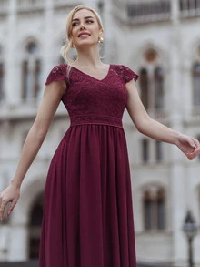 MIUSOL Lace Bodice Chiffon Prom Dress - Burgundy - View 6