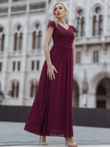 MIUSOL Lace Bodice Chiffon Prom Dress - Burgundy - View 8
